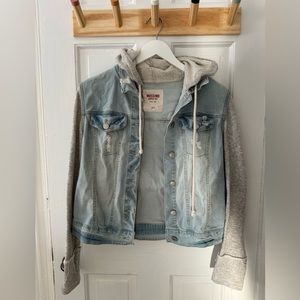 Mossimo Supply Co. Distressed Jean Jacket with Sweatshirt hood and sleeves